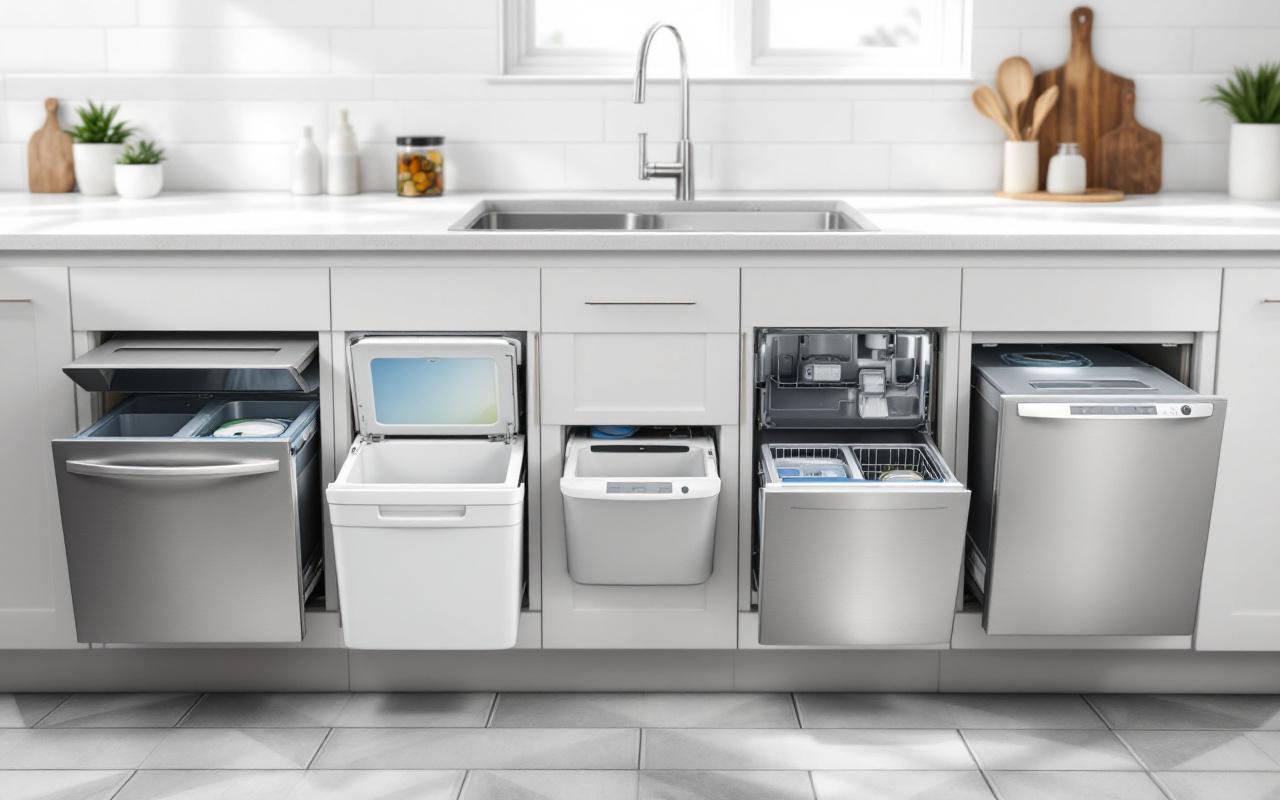 Comparatif visuel de plusieurs poubelles encastrables de cuisine sous évier, avec tiroir coulissant et compartiments pour le tri sélectif.
