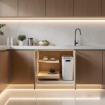 Quelle poubelle encastrable choisir pour une cuisine bien aménagée ? Cuisine contemporaine avec un meuble bas ouvert montrant une poubelle encastrable discrète près de l’évier.