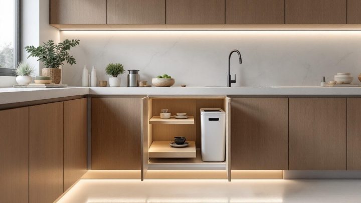 Cuisine contemporaine avec un meuble bas ouvert montrant une poubelle encastrable discrète près de l’évier.