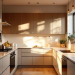 Équipements indispensables cuisine pratique : les 8 priorités à prévoir Cuisine moderne lumineuse avec rangements intégrés, plan de travail soigné et ambiance chaleureuse et fonctionnelle.