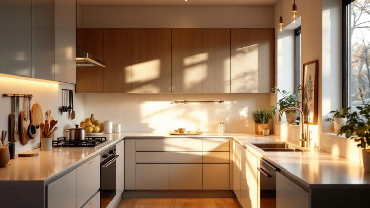 Cuisine moderne lumineuse avec rangements intégrés, plan de travail soigné et ambiance chaleureuse et fonctionnelle.