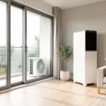 Salon contemporain lumineux avec un climatiseur split mobile près d’une grande baie vitrée et son unité extérieure installée sur un balcon dégagé.