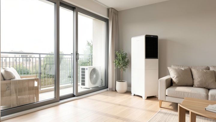 Salon contemporain lumineux avec un climatiseur split mobile près d’une grande baie vitrée et son unité extérieure installée sur un balcon dégagé.