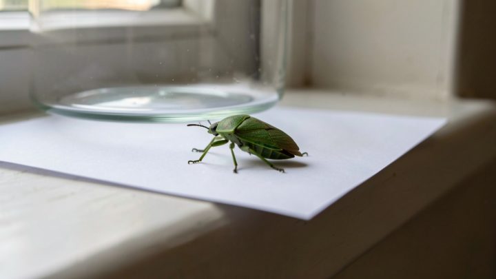 Punaise verte immobilisée sous un verre transparent sur le rebord intérieur d’une fenêtre, avec une feuille de papier rigide prête à être glissée dessous.