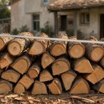 Comment convertir un stère de bois en m³ pour chauffer sa maison ? Bûcher domestique composé de bûches sèches soigneusement empilées, avec un mètre ruban visible et une maison française en arrière-plan.