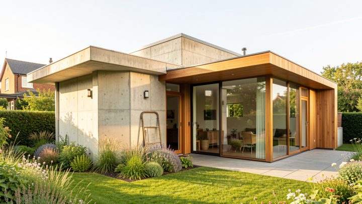 Maison d’architecte des années 1970 en rénovation, avec béton brut, grandes baies vitrées, extension contemporaine en bois et jardin lumineux.