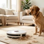 Robot aspirateur laveur blanc ramassant des poils de chien sur un tapis beige dans un salon lumineux, avec un chien assis à proximité.
