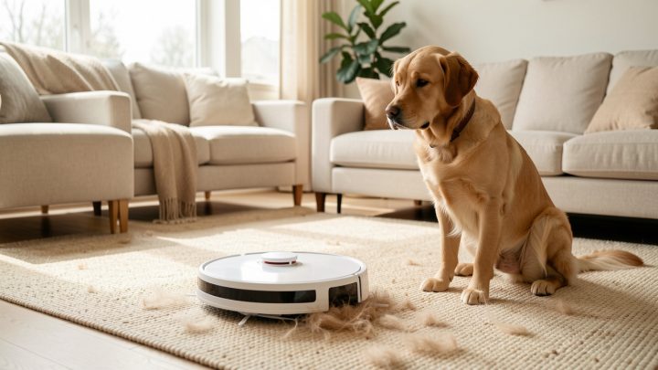Robot aspirateur laveur blanc ramassant des poils de chien sur un tapis beige dans un salon lumineux, avec un chien assis à proximité.